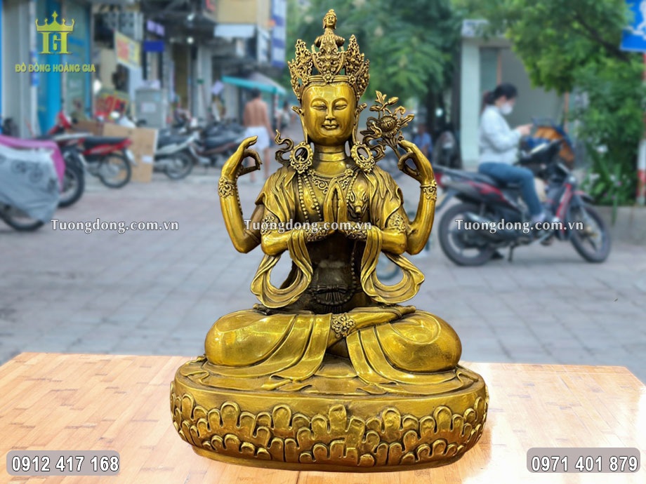 Tượng Đồng Quan Âm Tứ Thủ Avalokitesvara Màu Giả Cổ Cao 61Cm